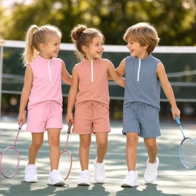 Factory Wholesale Kids Clothing Set Sleeveless Half Zip Stand Collar Top Drawstring Waist Shorts Athletic Girls Clothes
