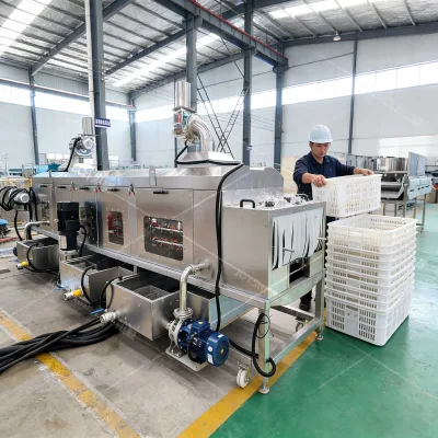 Low Water Consumption Automatic Turnover Basket Washer Plastic Container Bin Cleaner for Poultry Chicken Egg Tray