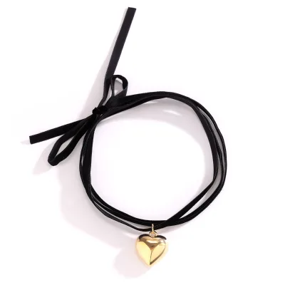 Long Pull-Up Adjustment Velvet Wrap Collar Versatile Heart-Shaped Pendant Tie Tassel Necklace for Women