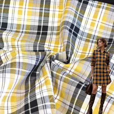 Mustard Yellow Black Tartan Plaid Cotton Fabric 115GSM for Women's Shirt Dress and Skirt