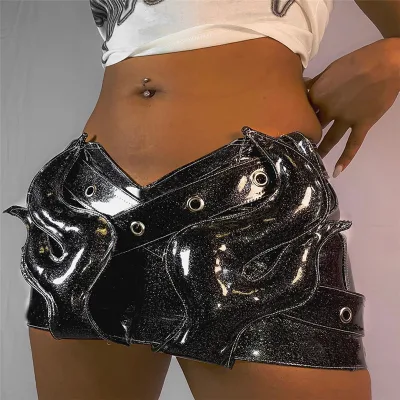 Street Style Trendy Womens Sexy Party Mini Skirts Summer Fashion Metallic Low Waist Skirt