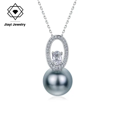 925 Silver 14K Gold Plated Rhodium Plated Gray Faux Pearl Luxury Pendant Necklace Oval Pave Zircon Frame AAAAA Grade Elegant