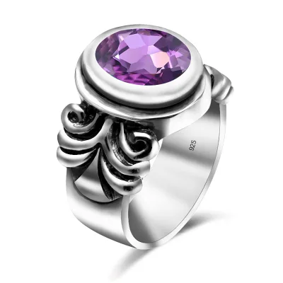 925 Sterling Silver Rings Vintage Style Finger Amethyst Wedding Jewelry Silver Ring Men 925 Sterling