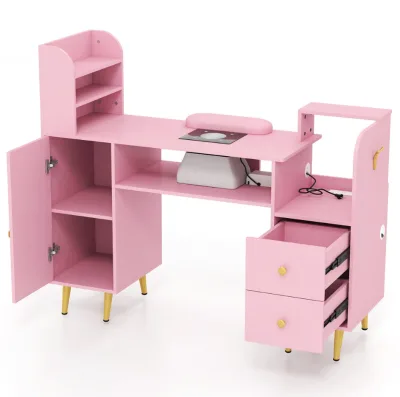 Pink Nail Table With 2 Drawers and Usb Ports Wooden Manicure Table With Dust Collector and Open Storage Shelves