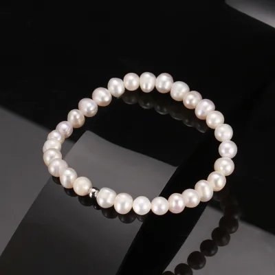 White Baroque Freshwater Pearl Stretch Bracelet, Natural Cultured Pearl Beaded Bracelet for Women