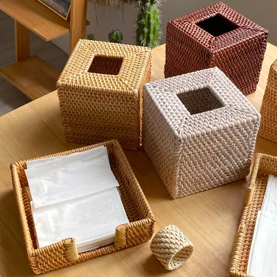Nordic Style Retro Creative Desktop Living Room Dining Room Decorative Dark Rattan Square Tissue Box