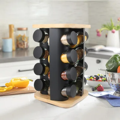 Modern 360 Degree Revolving Square Seasoning Shelf Metal Condiments Holder with Cover Kitchen Accessories