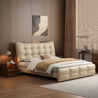 Modern Simple Double Bed Big Black Bear Real Leather on Solid Wood for Master Bedroom
