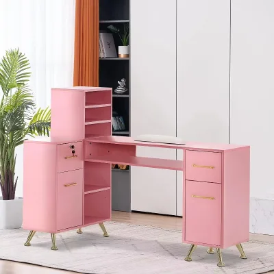 Modern Wood Commercial Nail Desk Salon Nail Table with Lockable 2 Drawers Hand Rest Eco-Friendly High Visibility for Mall Use