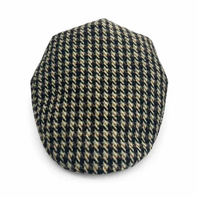 Navy Houndstooth Wool Flat Cap Newsboy Hat Octagonal Tweed Cap Unisex Custom Fabric