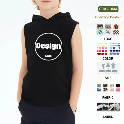 Summer Custom Unisex Kids Boy Sleeveless Hooded Vest T-Shirt Comfy 100% Cotton Solid Basic Boys Tank Top