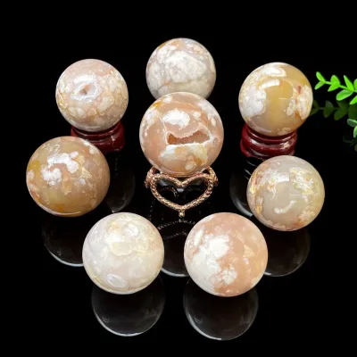 Natural Cherry Blossom Agate Sphere Flower Druzy Agate Sphere Crystal Stone Healing Ball for Meditation Decoration