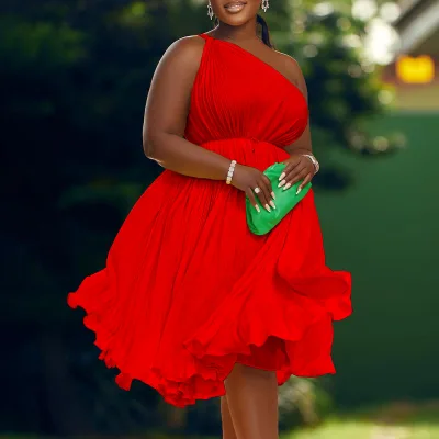 New Pressed Pleated Slanted Shoulder Hem Natural D3208 African Plus-size Plaid Dress Women's 2023 Summer Strappy Solid Color