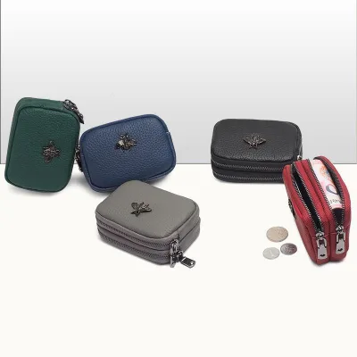 HY6 Fashion Genuine Leather Double Zipper Change Wallet Women Bee Coin Purse Card Holder Simple Storage Bag Coin Purse