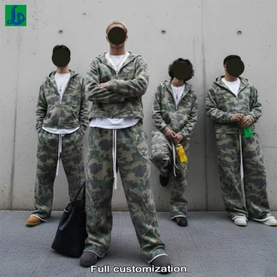 Custom Manufacturer Summer Oversized Camoflouge Sweatsuit Cargo Pants Zip up Hoodie Jacket Set Streetwear Tracksuit Men