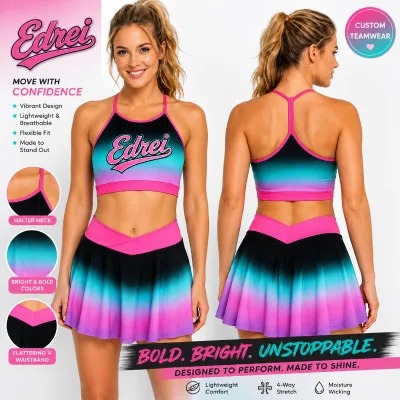 Gradient Sublimation Cheerleading Uniform Halter Y Back Crop Top V Waist Skirt Customizable Girls Competition Cheer Outfit