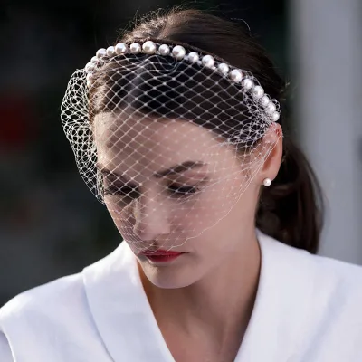 Fancy Day Handmade Bridal Lattice Net Veil Unique Design Pearl Headband Gauze Veil for Wedding Headwear Face Net Mask Headbands