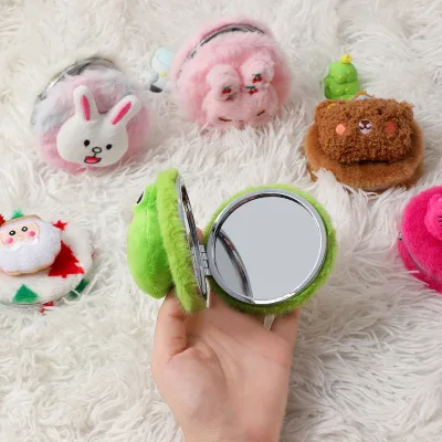 Cartoon Plush Cute Animal Folding Makeup Mirror for Girls Women Outdoor Foldable Portable Touch-Up Mini Pocket Makeup Mirror