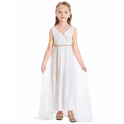 Kids Girls Halloween Greek Goddess Mythology White Long Dress Court Cape Shawl Athena Stage Performance Cosplay Carnival Outfit