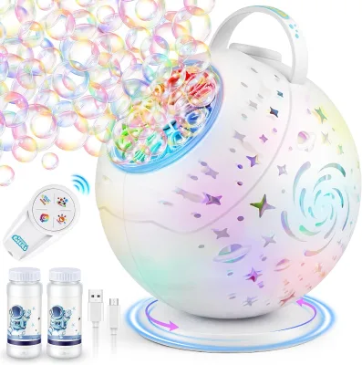 Dwi Dowellin Bubble Machine with Remote Control, 360° Automatic Rotation & 7 RGB Lights Rechargeable Bubbles Machine for Kids