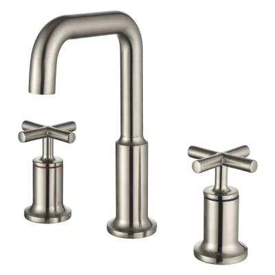 Cross Handle Brushed Nickel Bathroom Faucet 3 Hole Widespread Square U-Bend Spout Dual Plus Lever Round Base Basin Faucet