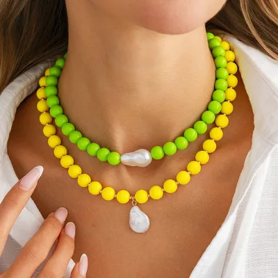Hot Sale Sweet Candy-Colored Acrylic Beaded Necklace Elegant Unique Geometric Irregular Baroque Pearl Necklace Gifts for Women