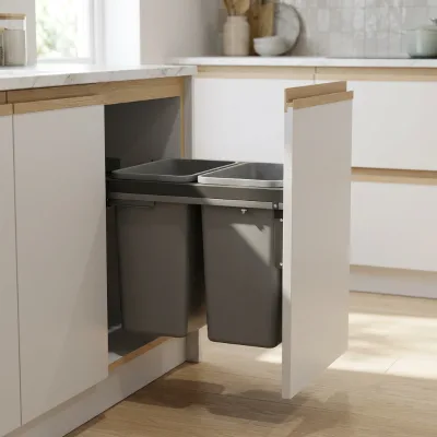 Waste Bin Kitchen Cabinet Plastic Pull Out Design Container Rubbish Two Bin 32L*2 Dustbins Built in Kitchen Trash Bin