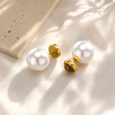 Women Work Vacation Daily Wear Elegant Jewelry Stainless Steel Gold-Plated Big Pearl Natural Stone Tiger Eye Stud Earrings