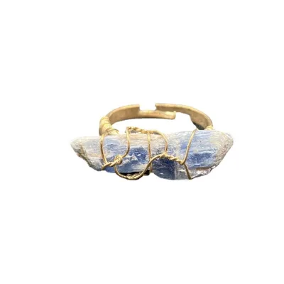 Blue Crystal Amorphous Silk Hand-Wound Gemstone with Carved Technique Asymmetrical Natural Kyanite Ring