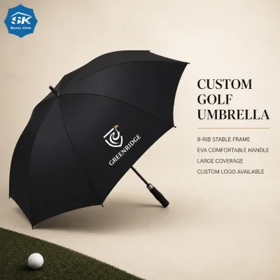 Wholesale Custom Logo Large Automatic Business Sunshade Umbrella 8K Ribs Black Rubber Straight Handle Iron Tube 120cm Golf Gifts