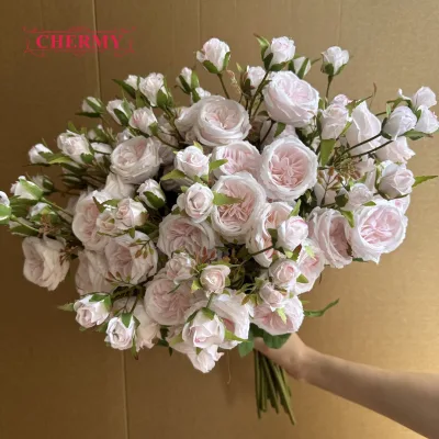 DC194 Pastel Pink Silk Faux Garden Rose Branch with Buds Full Blooms for Outdoor Lawn Wedding Party Decor