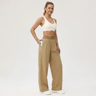 Custom Logo Women Mid Waist Loose Wide Leg Print Gym Running Pants with Side Pockets Eco-Friendly Breathable Streetwear