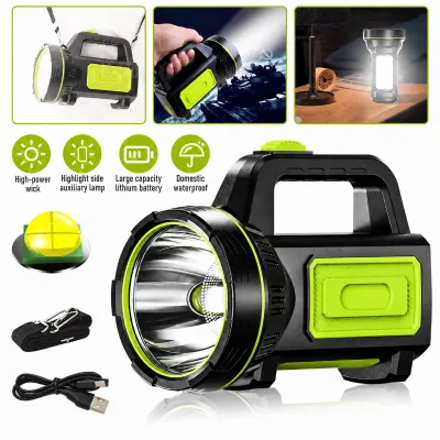 Rechargeable LED Searchlight with Side COB Lantern USB C Charging Portable Handheld Spotlight for Camping Emergency Outdoor Use