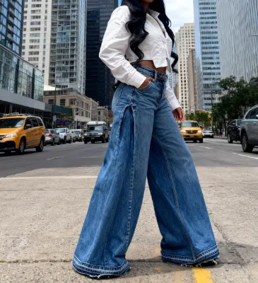 Women's Y2k Blue Washed Cross-border Straight Style Jeans Breathable Denim Wide-leg Flared Pants Loose Tassel -