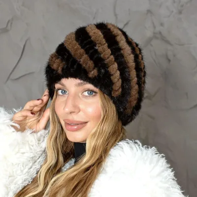 Warm Winter Fur Hat, Mink Fur Hat for Woman, Brown Furry Beanie, Knitted Fluffy Beanie, Gift for Her, Real Mink Fur Hat