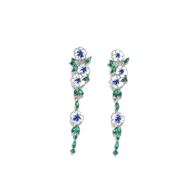 Go Party Vintage Enamel Flower Dangle Earrings Cubic Zirconia Flower Long Drop Pendant Earrings for Women Girls Wedding Party