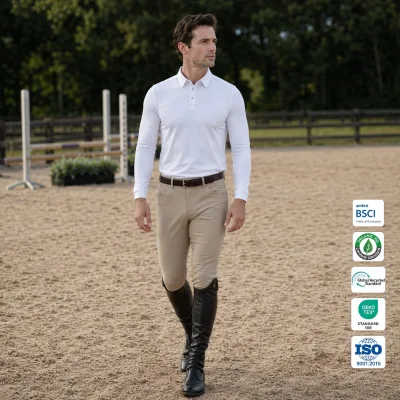 Men's White Equestrian Training Shirt Pointed Collar 3-Button Long Sleeve BSCI OEKO-TEX GRS ISO Organic Riding Top OEM Custom