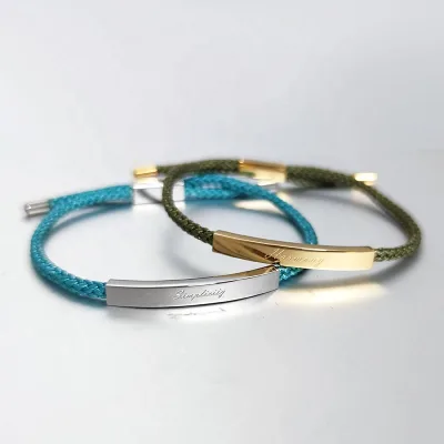Customized Mens Jewelry Laser Engraving Stainless Steel Adjustable Braided Rope Bracelet Engraveable Bracelet for Women