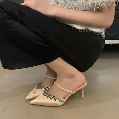 2024 New Pointed Rhinestone High-heeled Champagne-colored Sandals Half-tow Outer Wear Women's in Stock 35-40