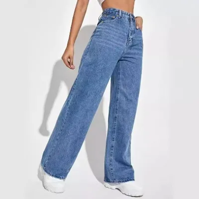 I-0737 Factory Straight Denim Trousers Women's Long Pants Washed Blue High Waist Fashion Casual Hot Sale Wide Leg Jeans
