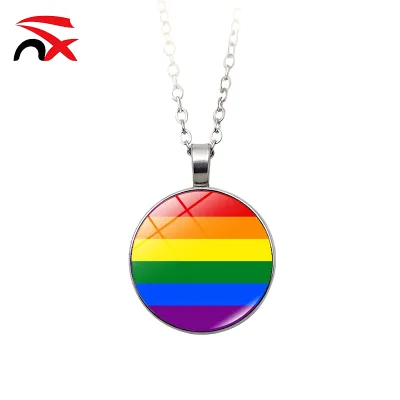 High Quality Stainless Steel Round Design Crystal Rainbow Pendant Necklace Charm Necklace for Promotional Gift