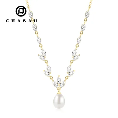 Gold Plated Bridal Jewelry 7-8mm Drop-shaped Freshwater Pearl & 3x6mm Eye-shaped Zircon V-shaped Wheat Ear Pearl Necklace