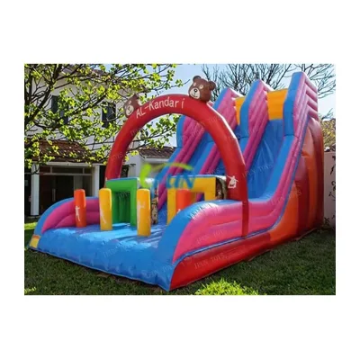 Cartoon Bear Kan Dari Factory's Large PVC Inflatable Water Slide Double Lane with Integrated Blower