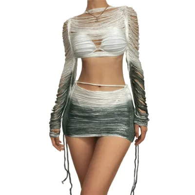 Custom Fashion 2024 Blocking Color Knit Skirt Matching Clothing Sexy Club Women Tassel Hollow Out 2 Pieces Set Factory Summer