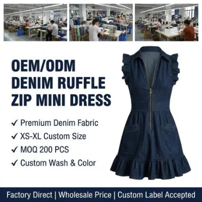 XS-XL | Navy Blue Denim Ruffle Trim Deep V-Neck Zip Mini Dress | OEM/ODM Factory Direct | Casual Summer Jean Dress with Pockets