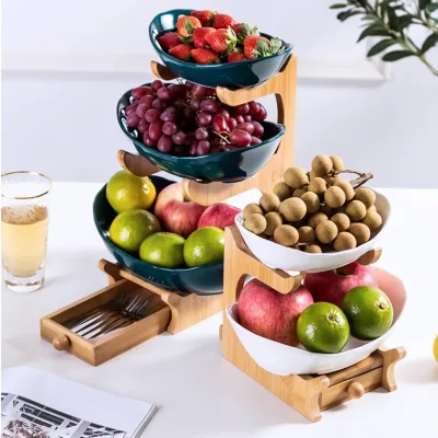 Fruit Basket 2/3 Tier Ceramic Fruit Bowl Bamboo Fruit Baskets Fruit Basket for Fruit Bread Vegetable Snacks