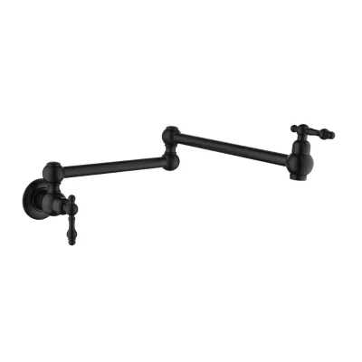 Matte Black Wall Mount Pot Filler Faucet Double Jointed Swing Arm Two Lever Handles Dual Shut Off Valve Kitchen Range Fold Back