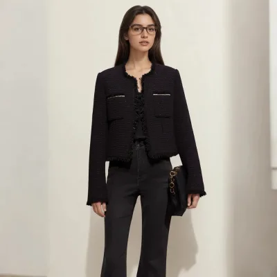 Fashionable Women's Faux Woolen Coat Fringed Edge Stylish Cropped Jacket with Gold Accents Elegant Office Casual Outerwear