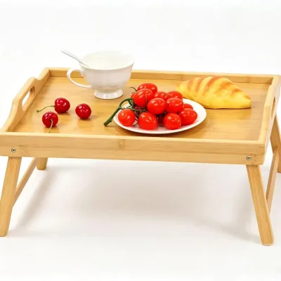 Foldable Leg Bamboo Bed Breakfast Tray Lap Desk Serving Tray With Handle Bed Table for Eating Reading Laptop Working Bedroom
