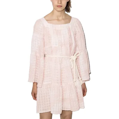 Garment Manufacturer Customized Women's Cotton Linen Casual Square Neck Long Flare Sleeve Women's Midi Dress With Tie Waist